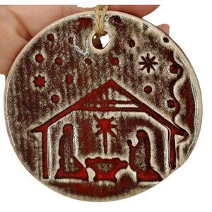 Prodigal Pottery Handcrafted Ceramic Nativity Scene Ornament With Rustic Red & S